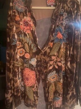 Johnny Was Brown Velvet Button-Down Shirt with Multicolor Floral Embroidery